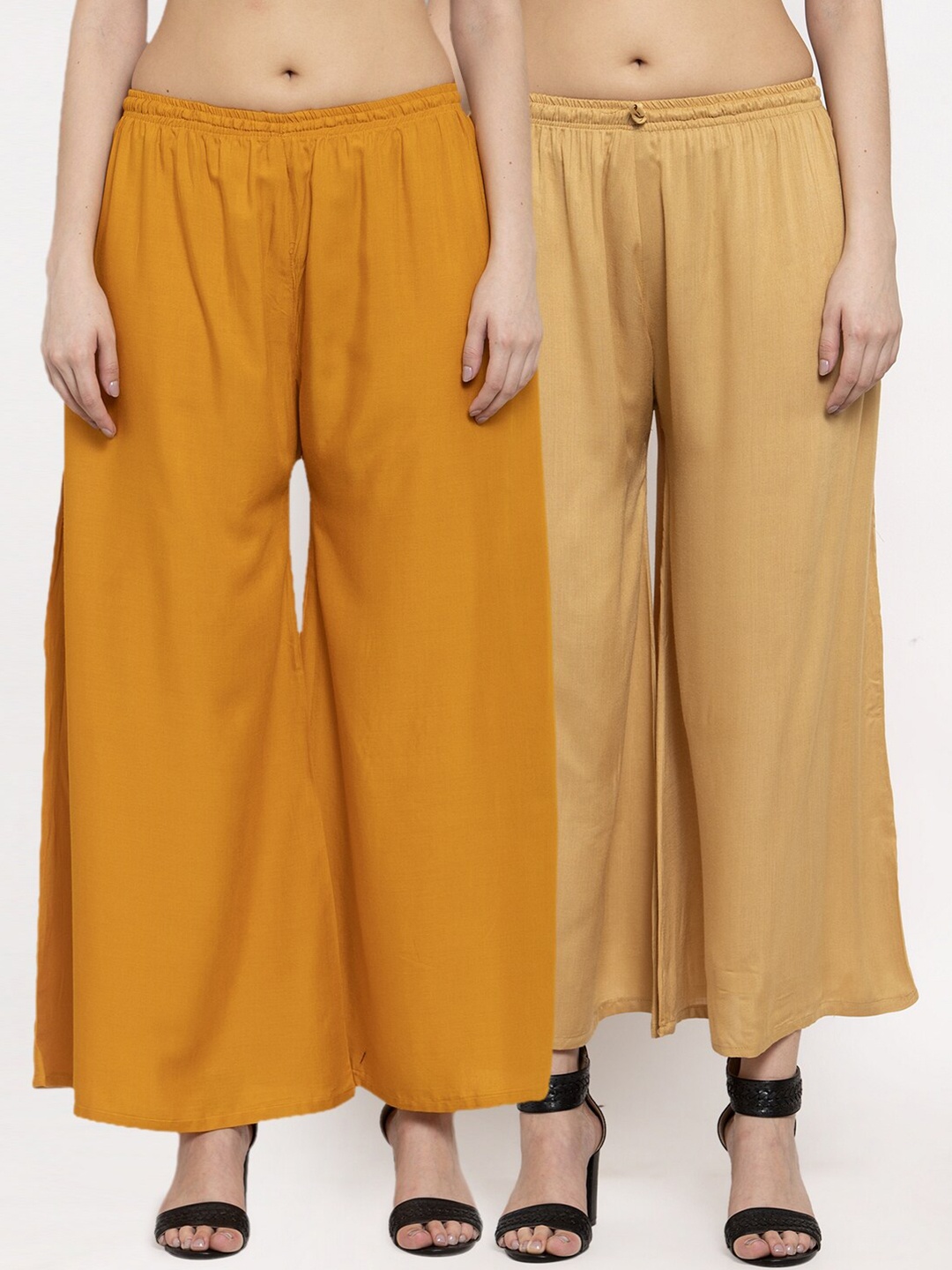 

Miaz Lifestyle Women Pack Of 2 Beige & Mustard Yellow Solid Knitted Palazzos