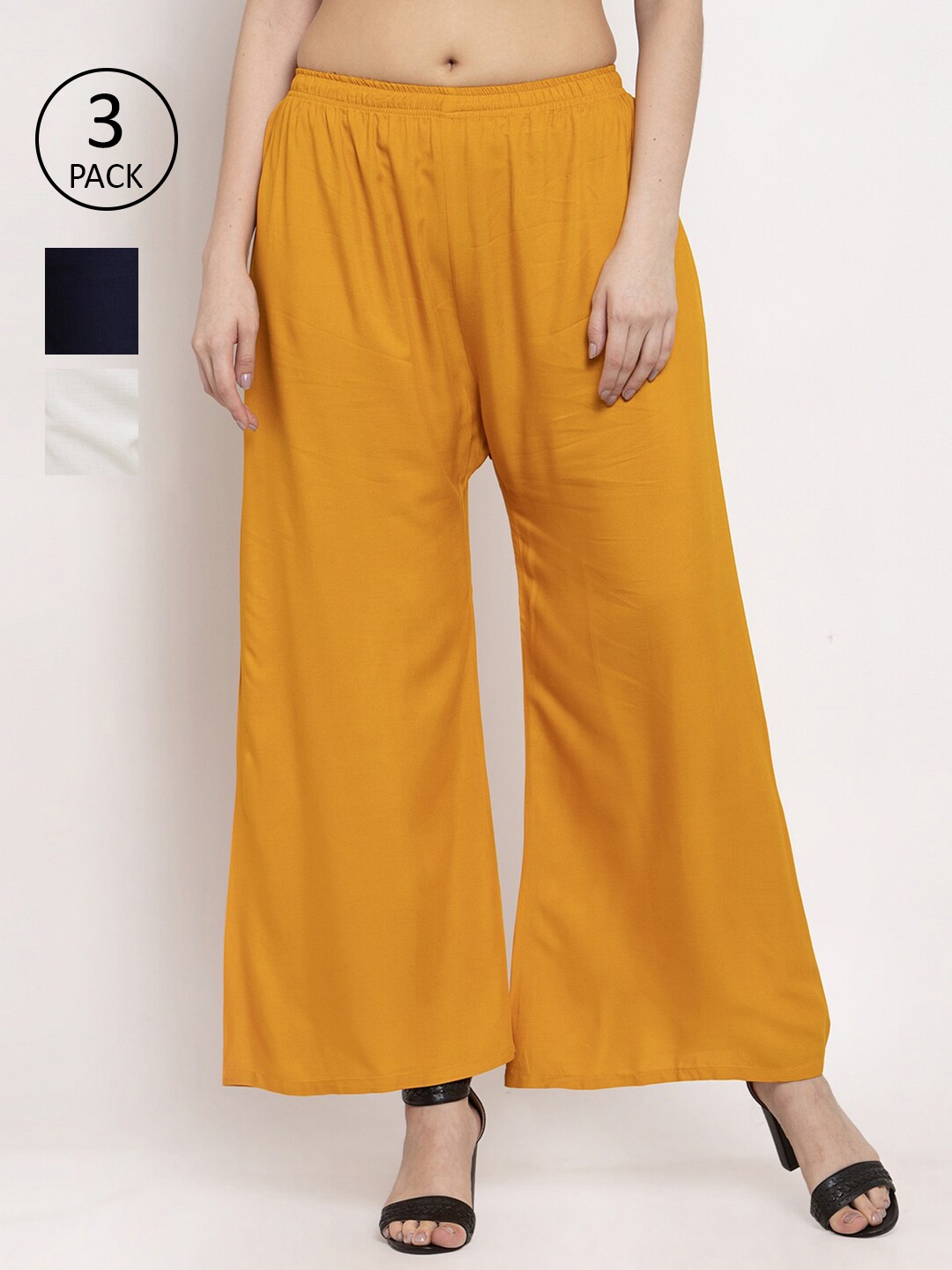 

Miaz Lifestyle Women Mustard Yellow & Navy Blue Set Of 3 Flared Palazzos