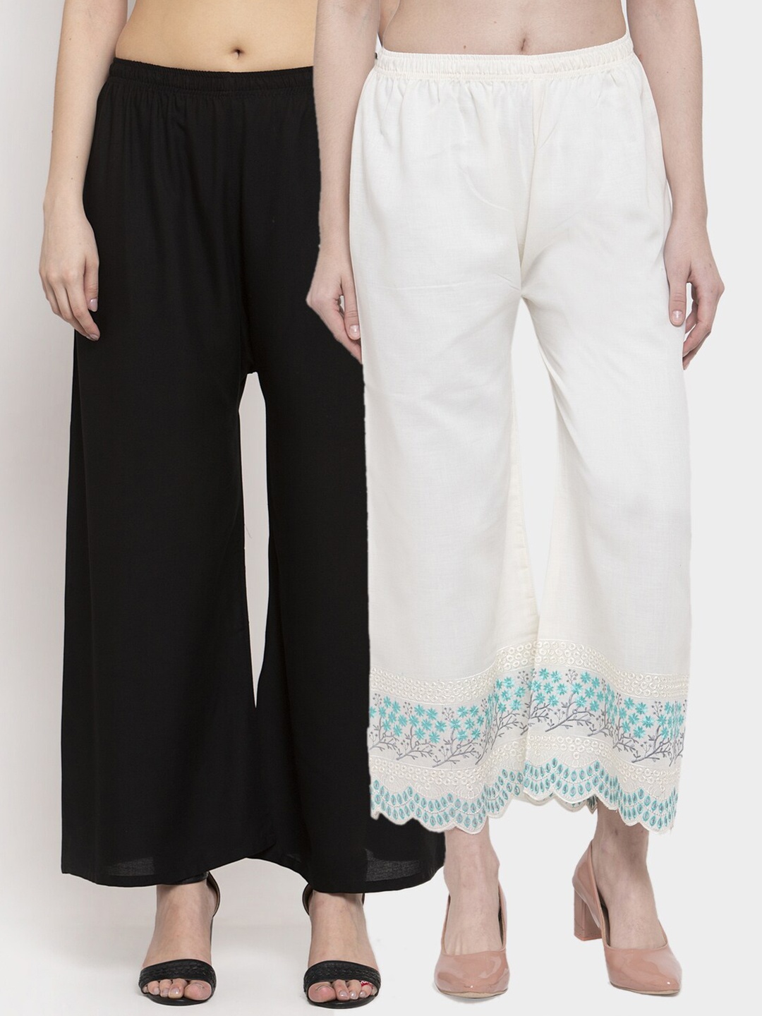 

Miaz Lifestyle Women Black & Blue Set Of 2 Embroidered Flared Palazzos