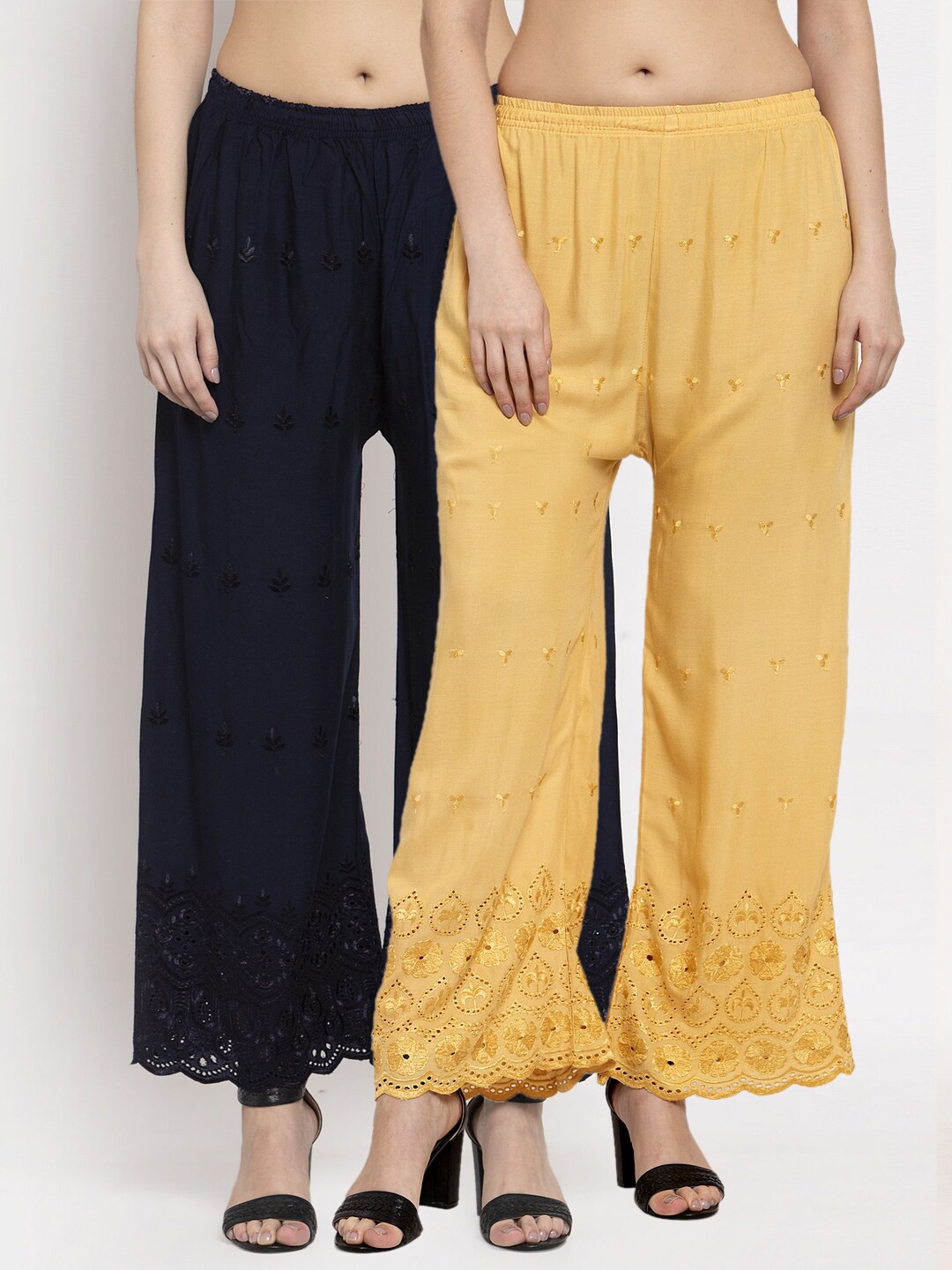 

Miaz Lifestyle Women Set Of 2 Navy Blue & Beige Ethnic Motifs Embroidered Ethnic Palazzos
