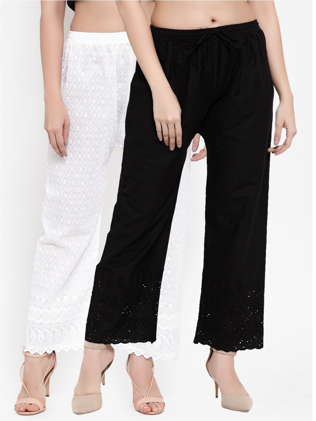 

Miaz Lifestyle Women Pak of 2 White & Black Ethnic Motifs Embroidered Palazzos