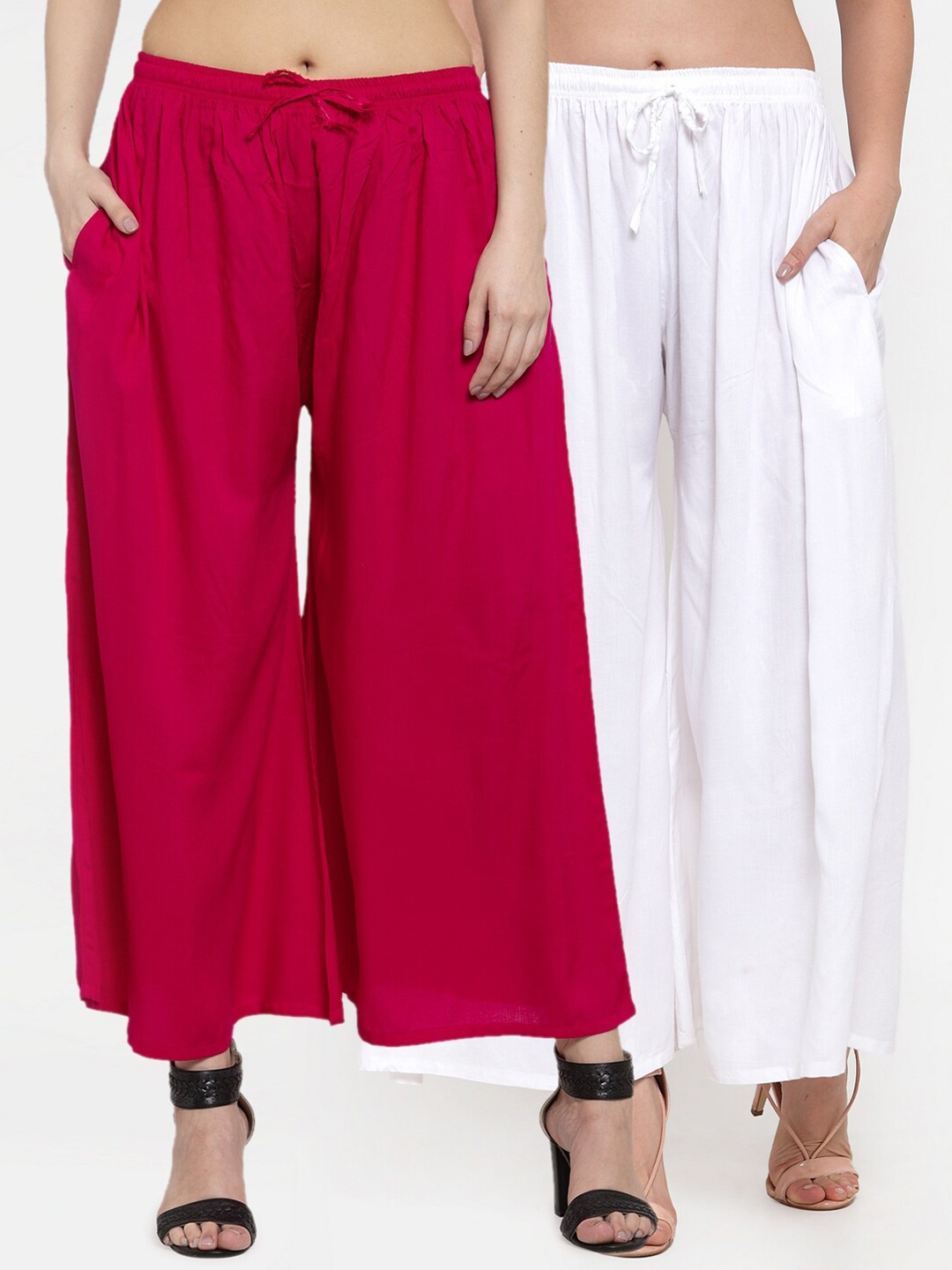 

Miaz Lifestyle Women Pak of 2 Fuchsia & White Solid Palazzos
