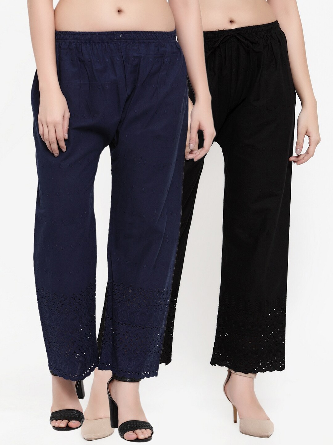 

Miaz Lifestyle Women Navy Blue & Black 2 Ethnic Motifs Embroidered Knitted Palazzos