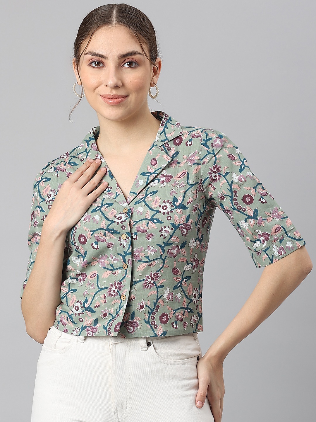 

KALINI Grey & Teal Floral Print Shirt Style Cotton Top