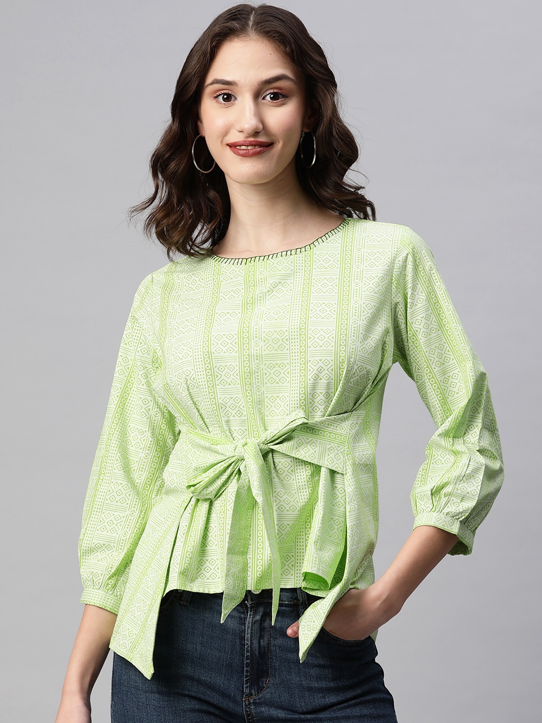 

KALINI Green Geometric Printed Cotton Top