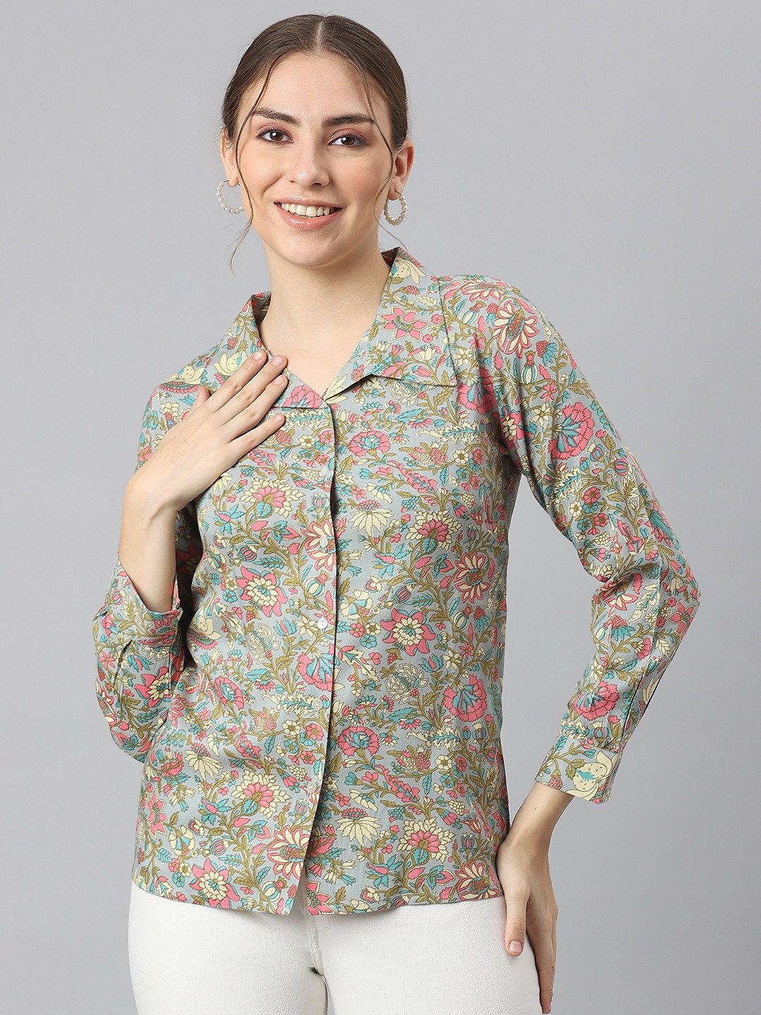 

KALINI Grey & Pink Floral Print Shirt Style Top