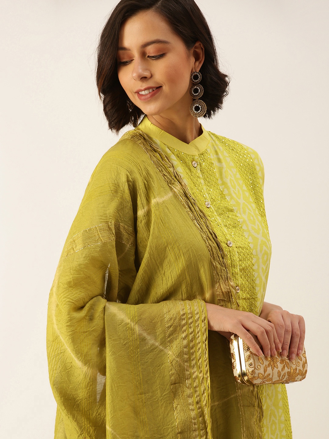 

SWAGG INDIA Women Lime Green Handblock Print Sequinned Liva Kurta with Trousers & Dupatta
