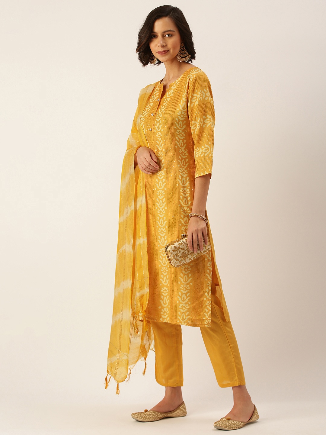 

SWAGG INDIA Women Mustard Yellow Handblock Print Liva Kurta with Trousers & Dupatta