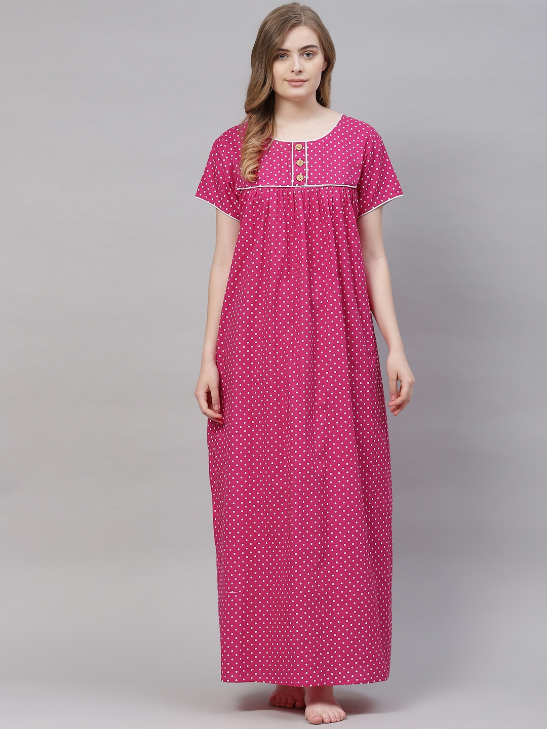 

Vemante Women Pink Pure Cotton Polka Dots Printed Maxi Nightdress