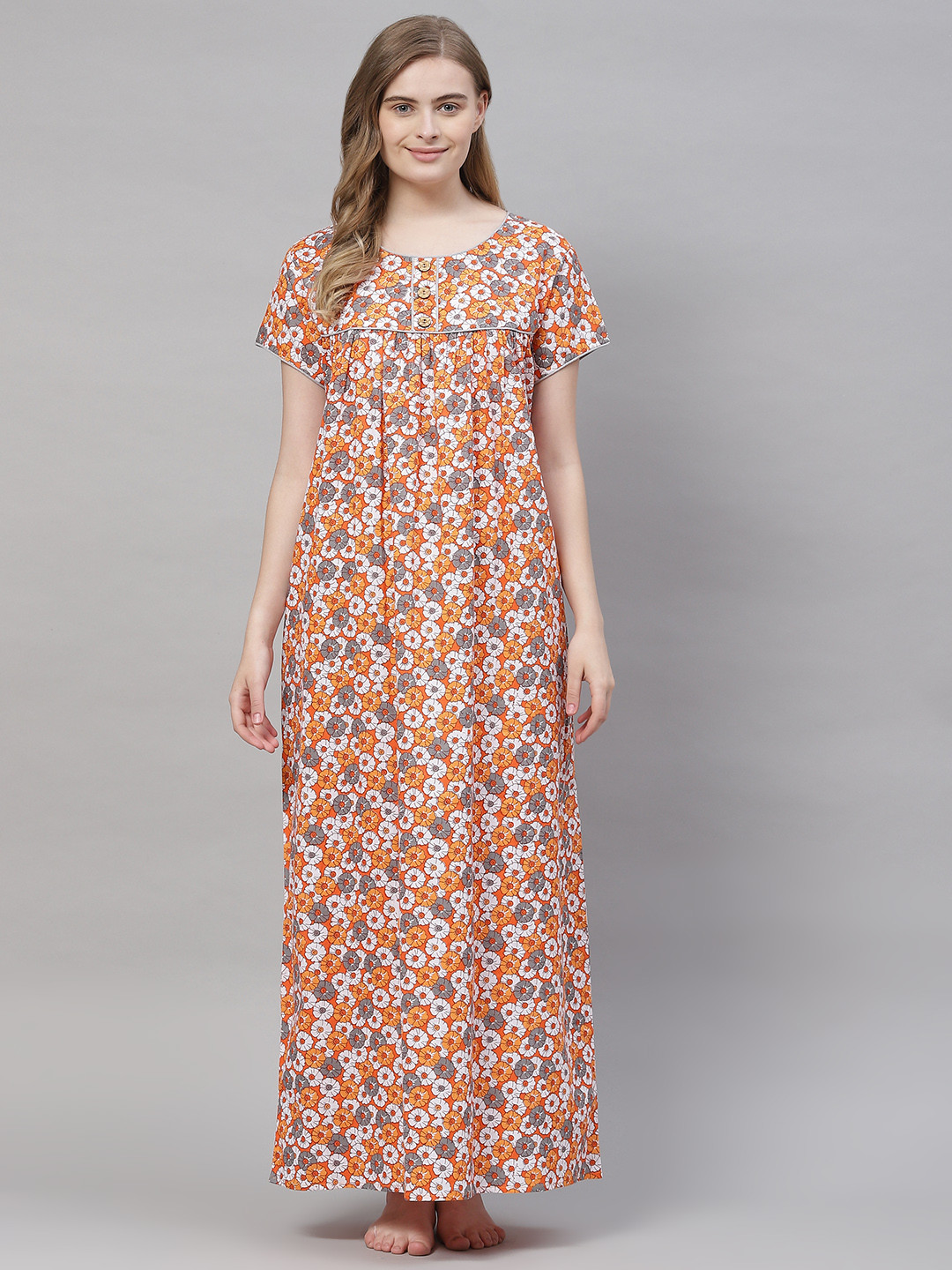 

Vemante Women Orange Pure Cotton Floral Printed Maxi Nightdress