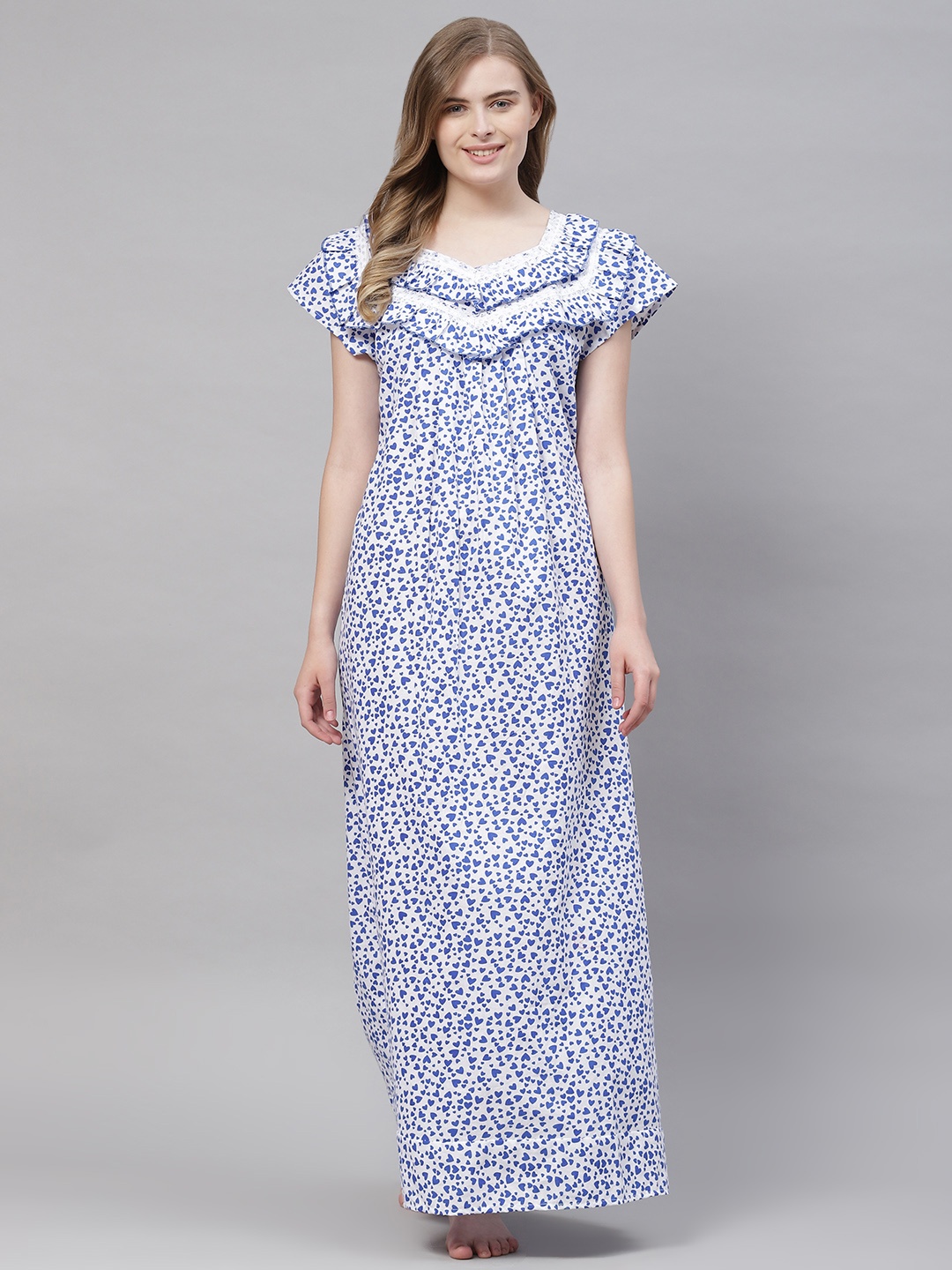 

Vemante Women White Pure Cotton Conversational Printed Maxi Nightdress, Navy blue