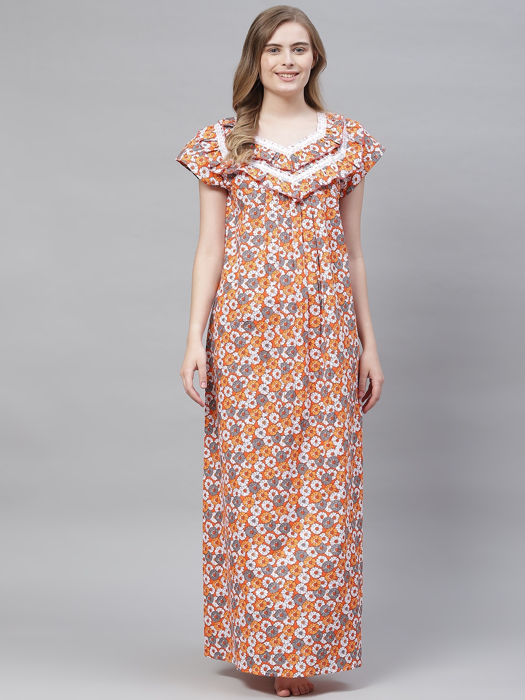 

Vemante Women Orange Pure Cotton Floral Printed Maxi Nightdress