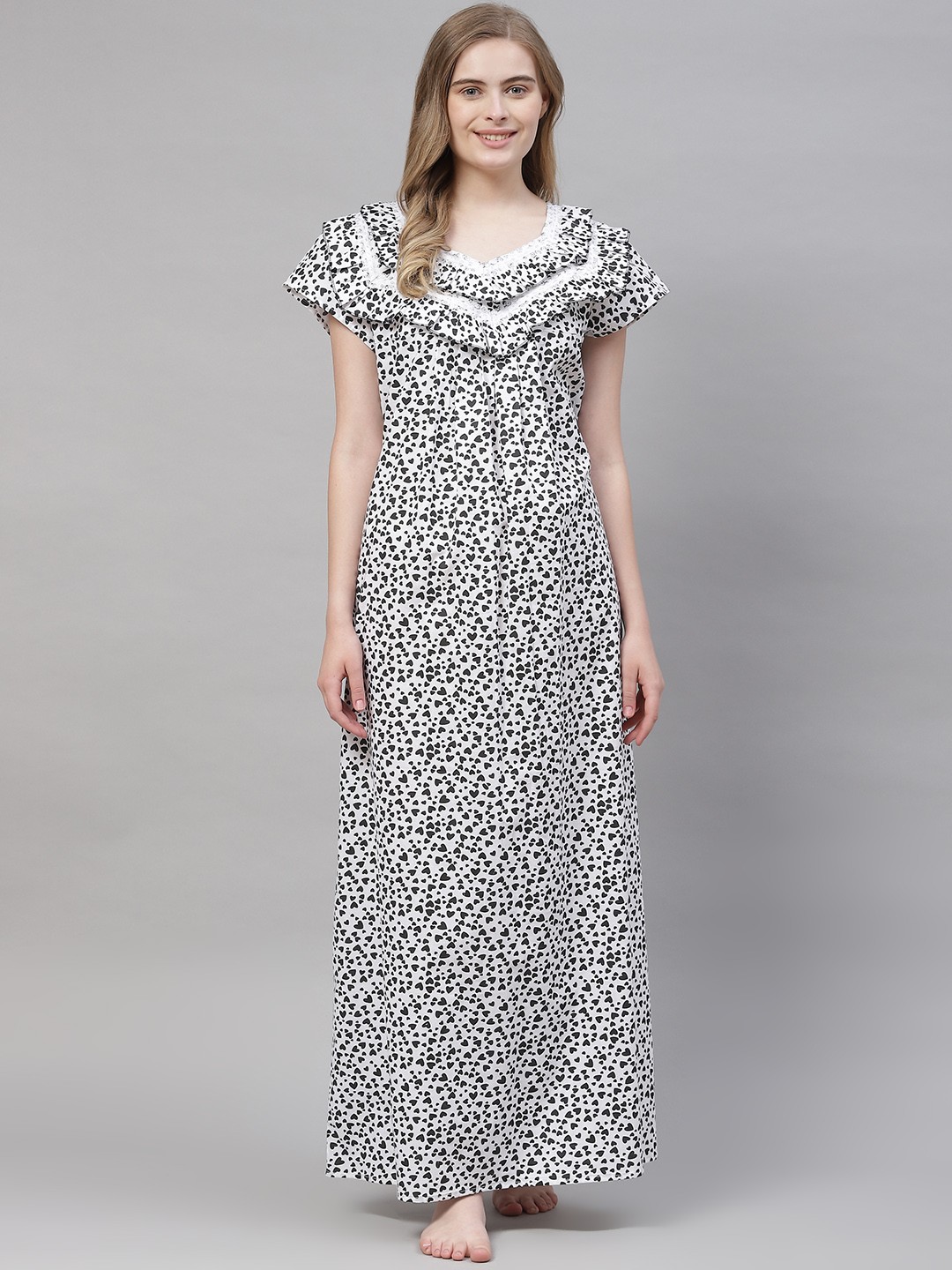 

Vemante Women Black & White Pure Cotton Conversational Printed Maxi Nightdress
