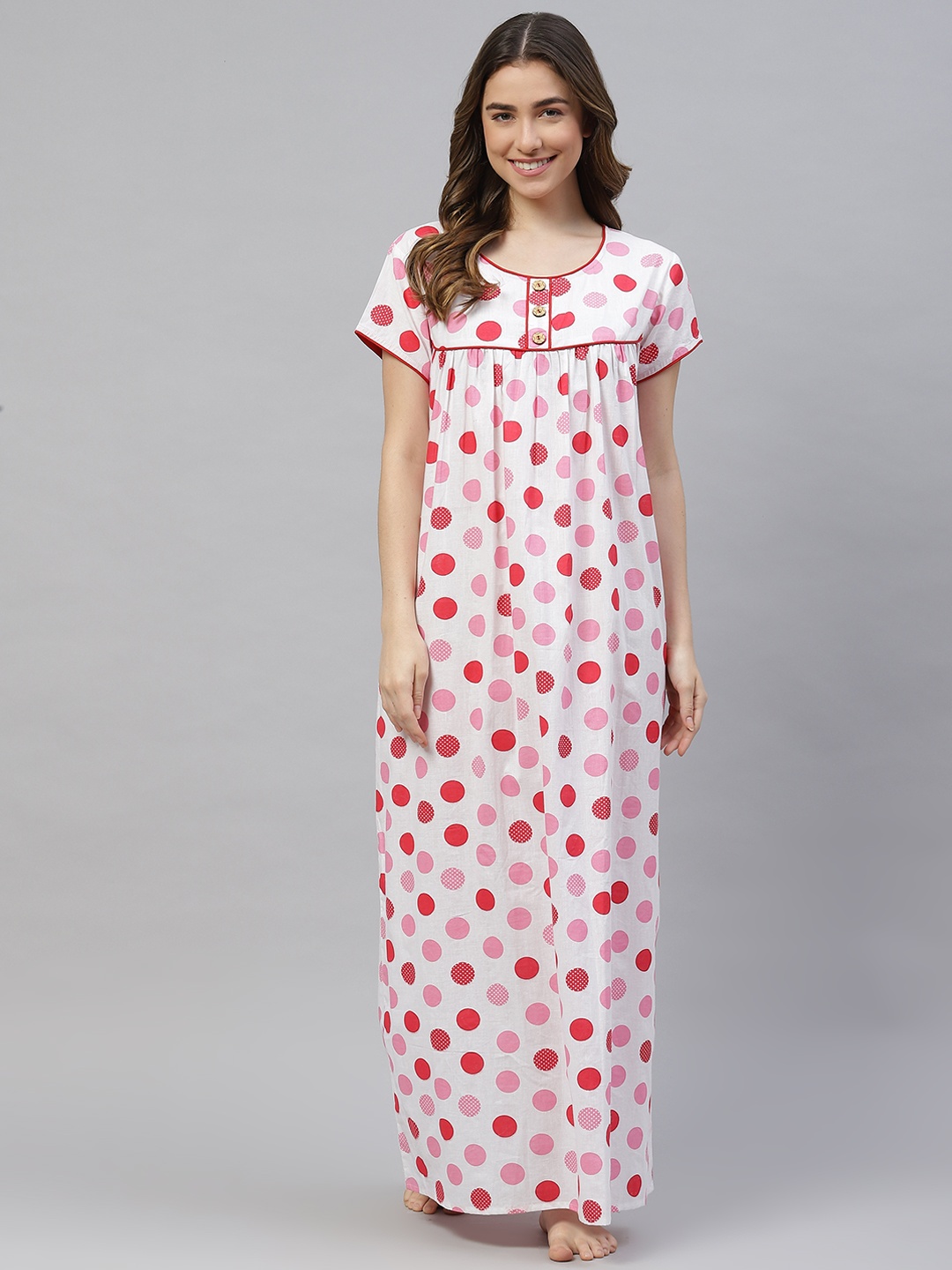 

Vemante White & Pink Pure Cotton Polka Dots Printed Maxi Nightdress
