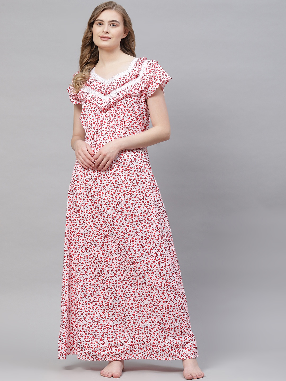 

Vemante Women White Pure Cotton Conversational Printed Maxi Nightdress