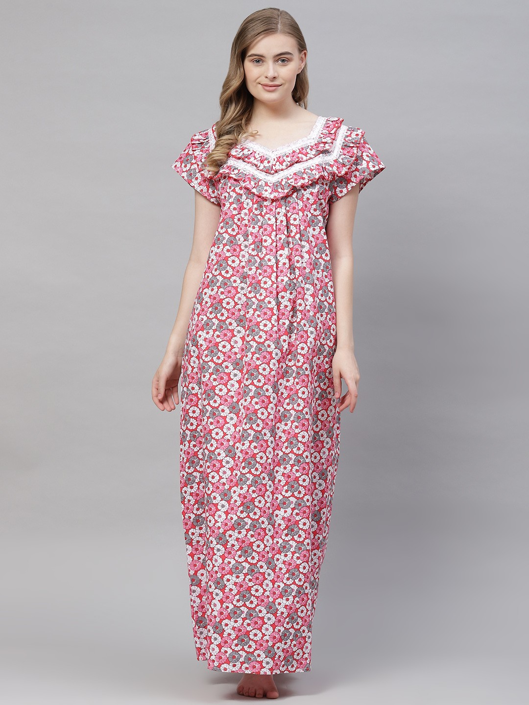 

Vemante Women Pink Pure Cotton Floral Printed Maxi Nightdress