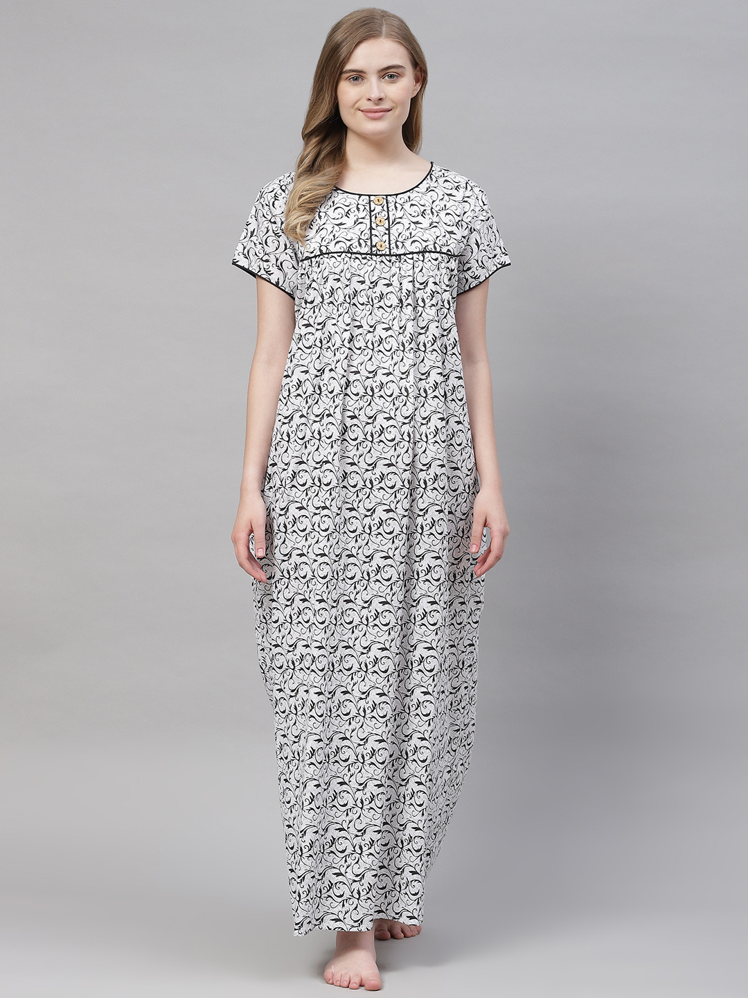 

Vemante Women Black & White Pure Cotton Ethnic Printed Maxi Nightdress
