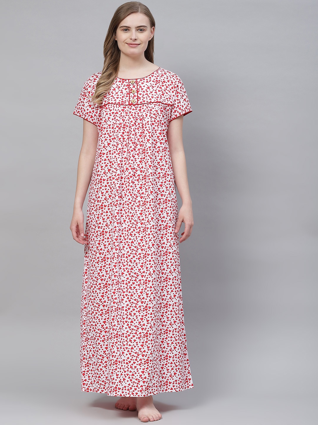 

Vemante Women Red & White Pure Cotton Conversational Printed Maxi Nightdress