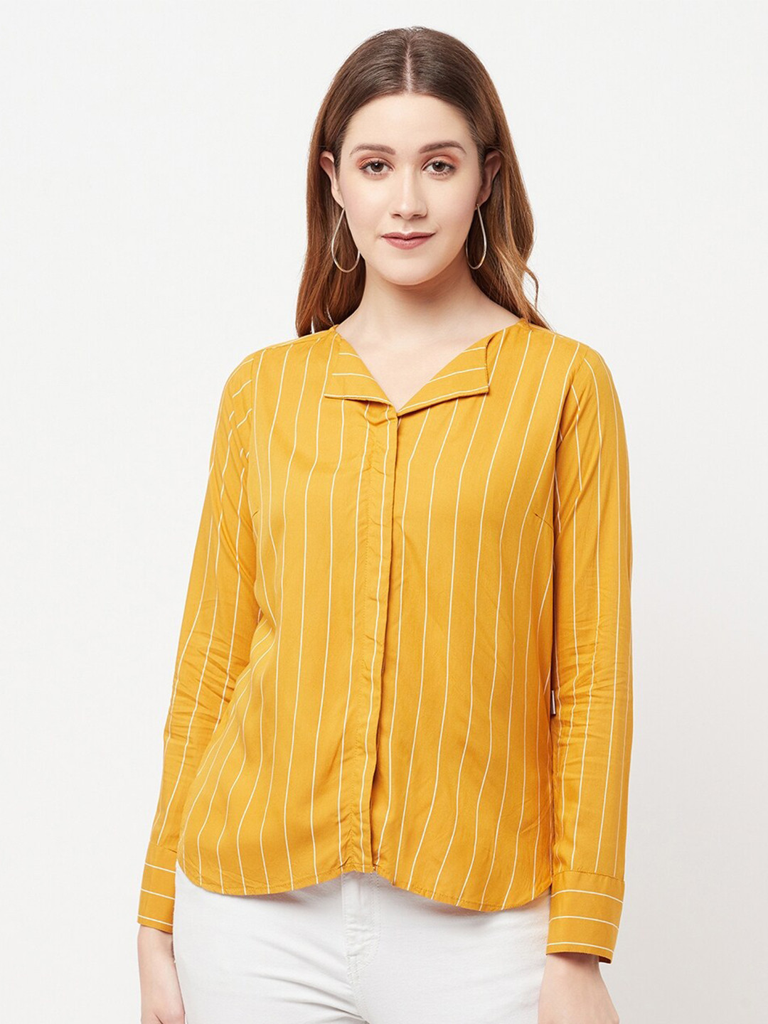 

Crimsoune Club Women Mustard Yellow Striped Shirt Style Top