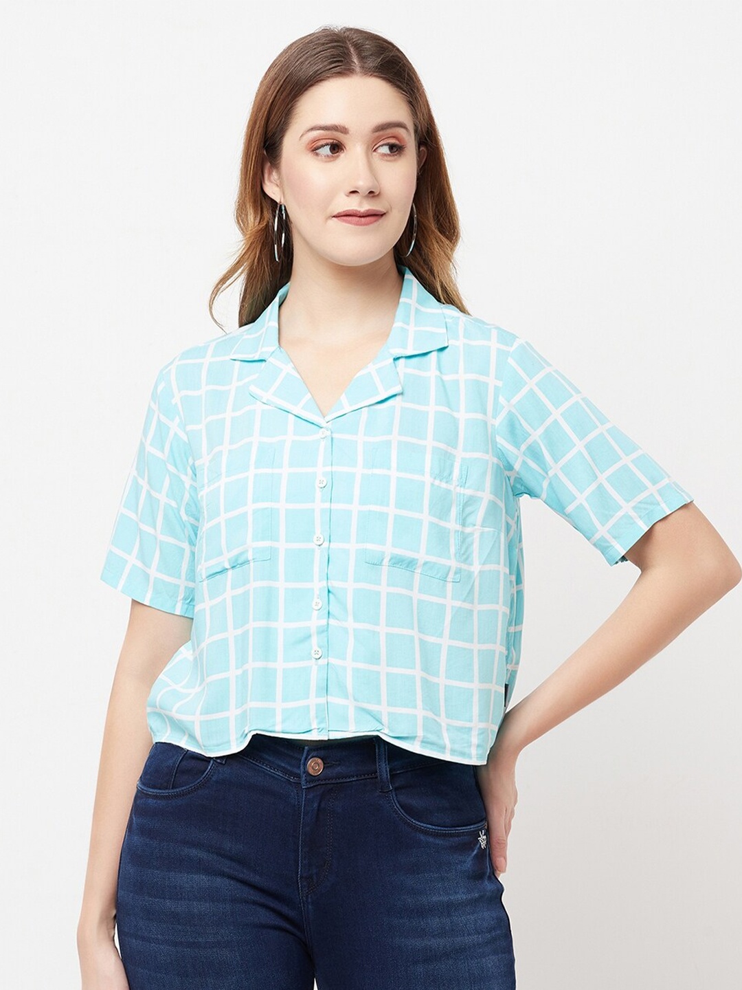 

Crimsoune Club Women Blue & White Checked Shirt Style Crop Top