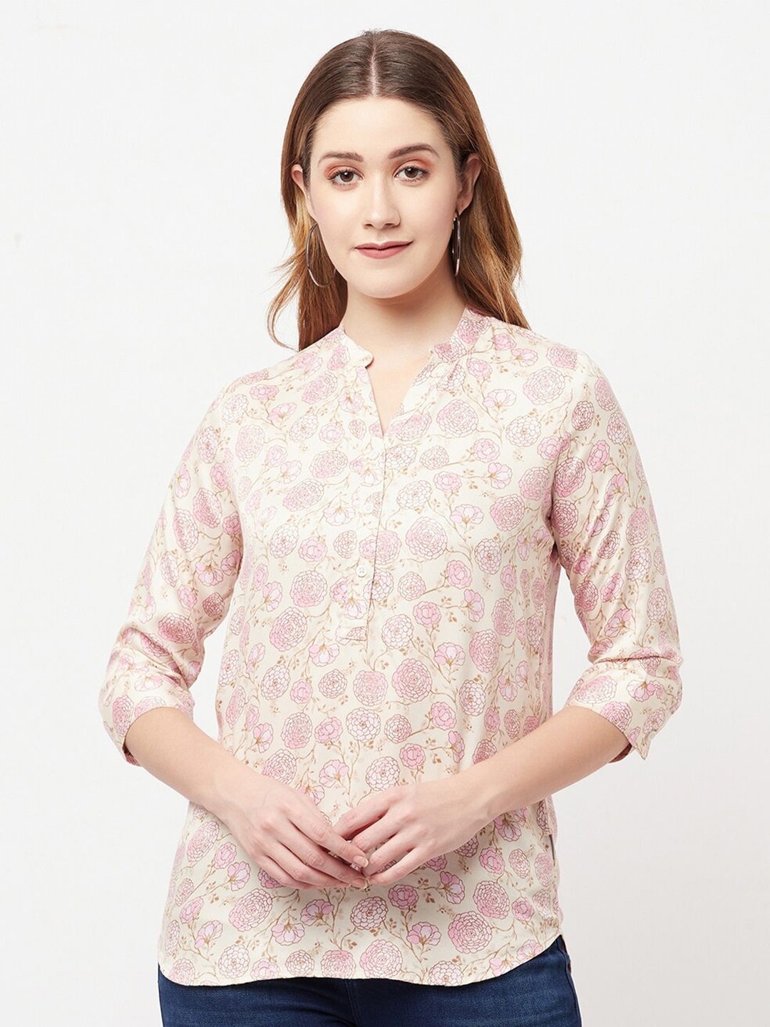 

Crimsoune Club Women Cream-Coloured & Pink Floral Printed Shirt Style Top