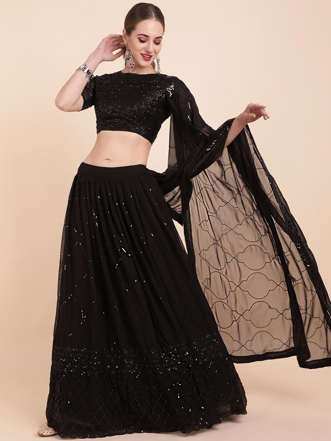 

Sangria Black Embellished Sequinned Pure Georgette Lehenga Designer Saree