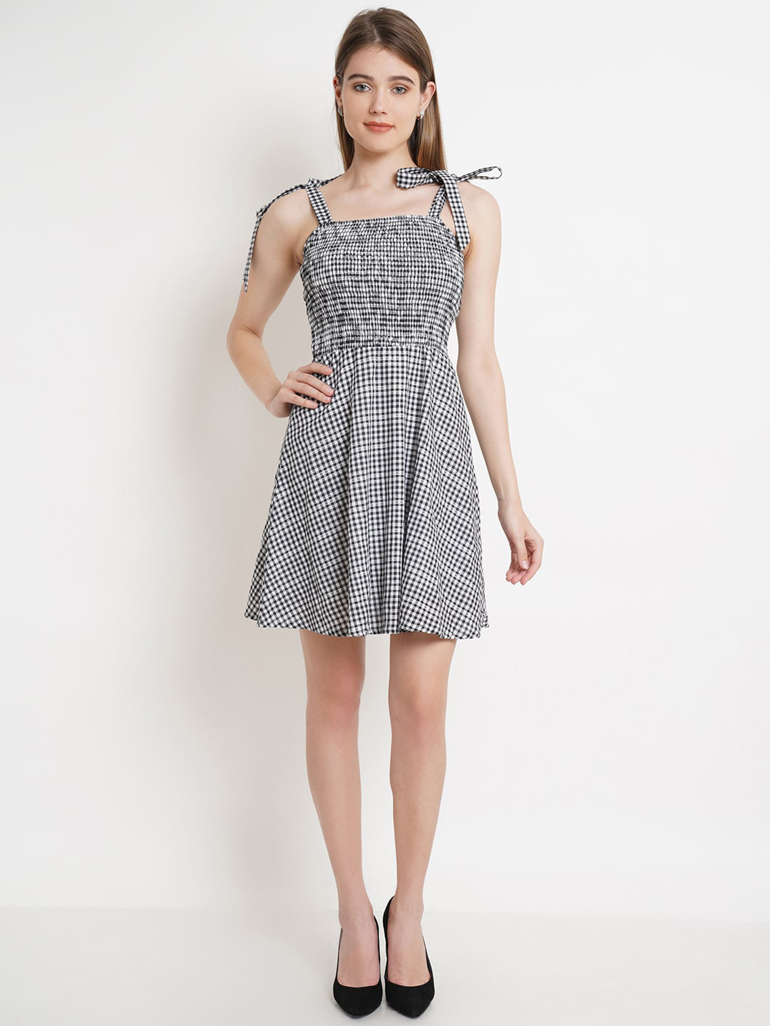 

DODO & MOA Women Black & White Checked Dress