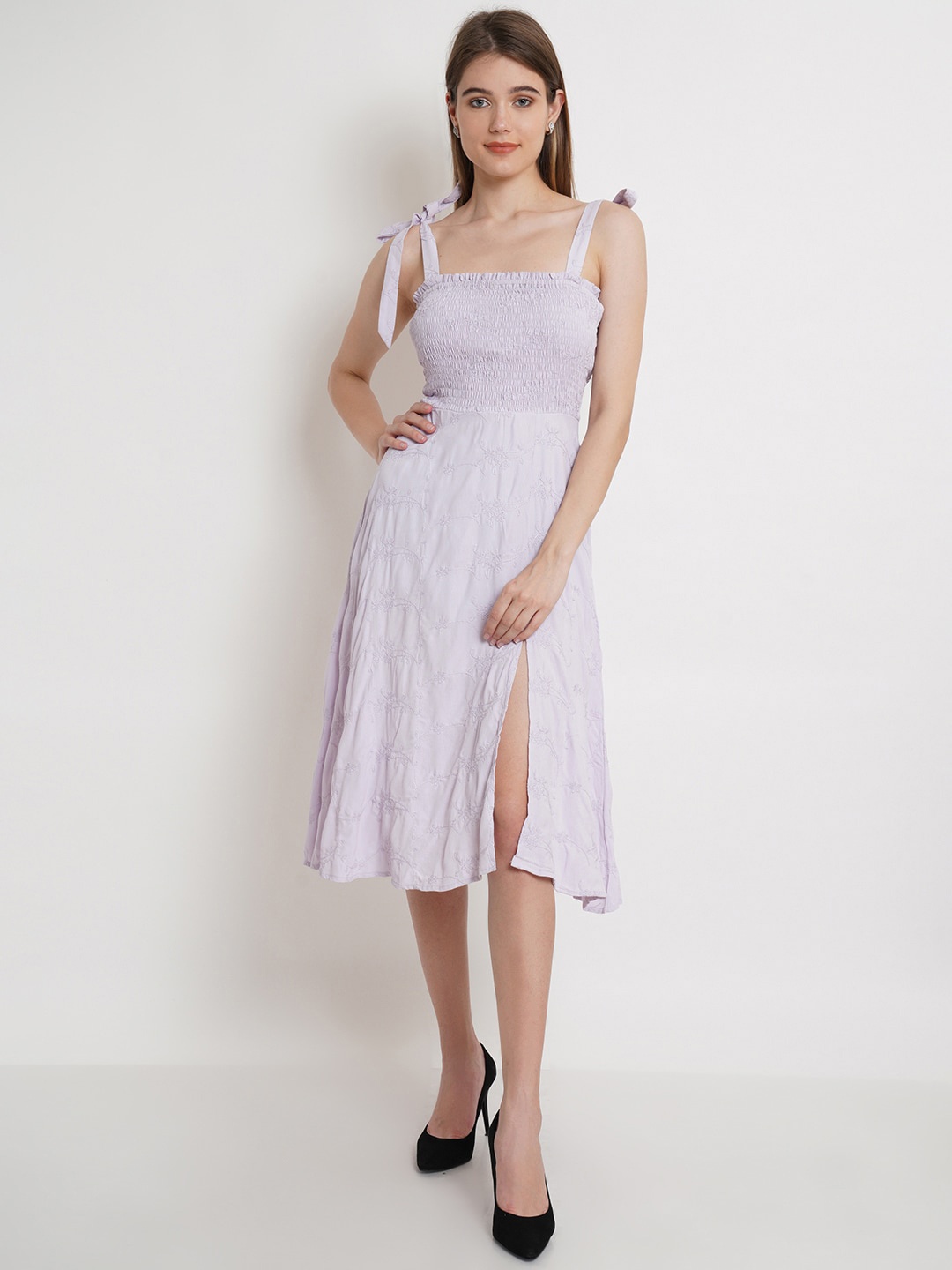 

DODO & MOA Women Purple Smocked A-Line Dress, Lavender