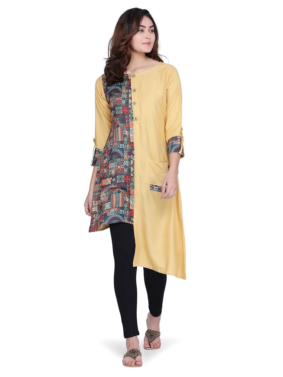 

KALINI Women Cream-Coloured & Red Printed Asymmetric Poly-Crepe Kurta