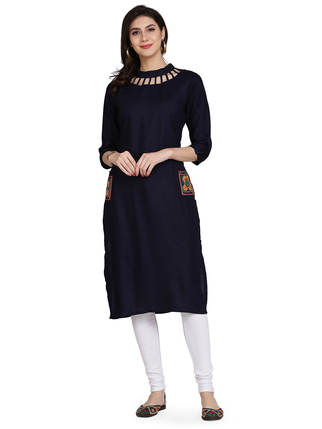 

KALINI Women Blue Thread Work Floral Kurta