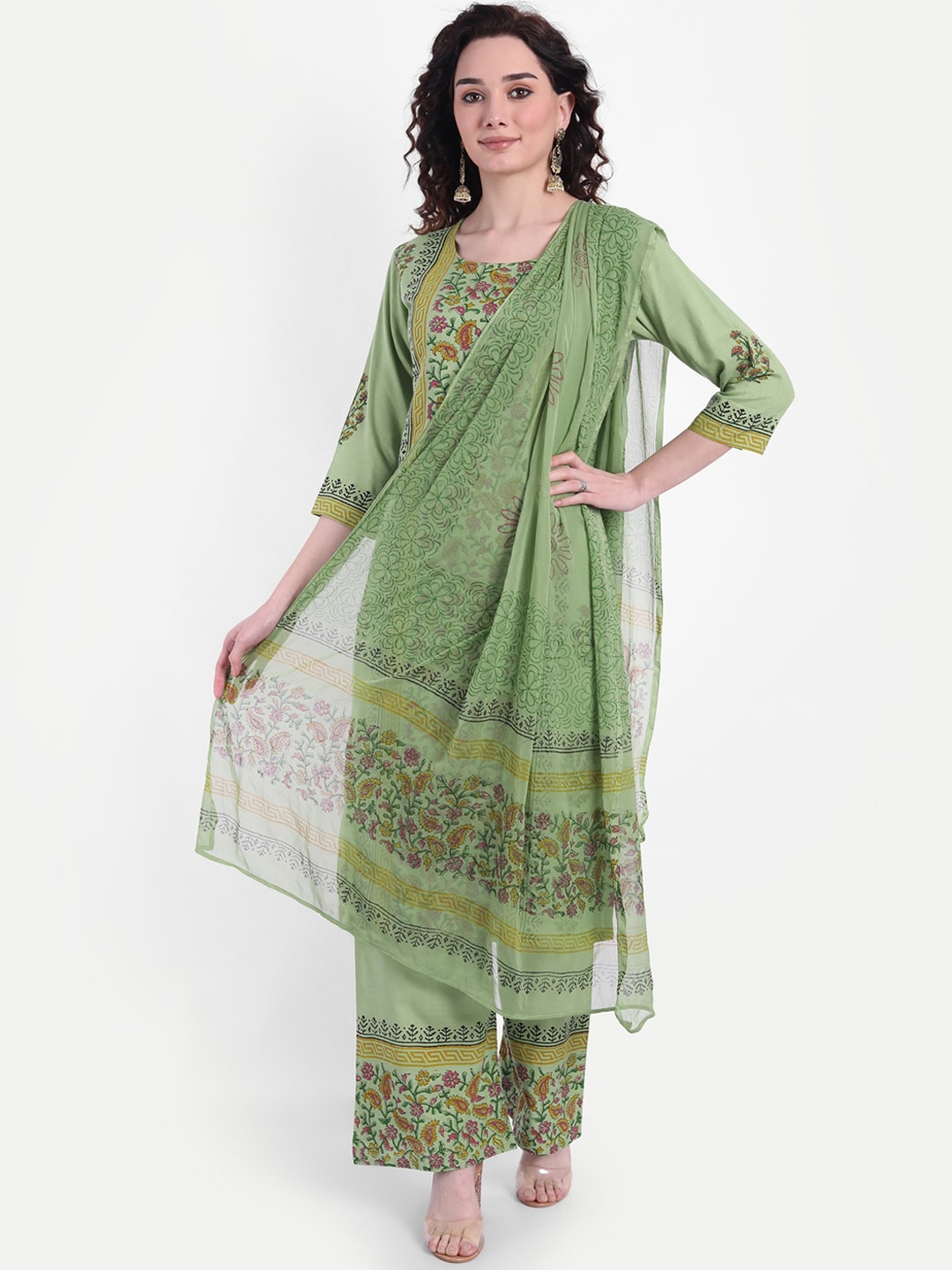 

Wyfees Women Green Ethnic Motifs Printed Kurta with Palazzos & With Dupatta