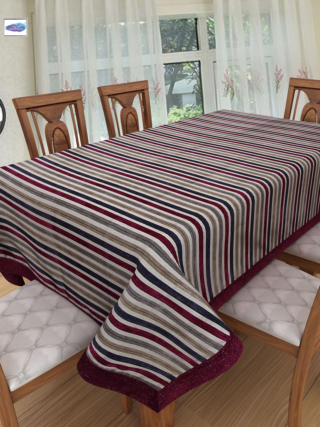 

Clasiko Magenta Blue & Grey Striped 6 Seater Pure Cotton Table Runner