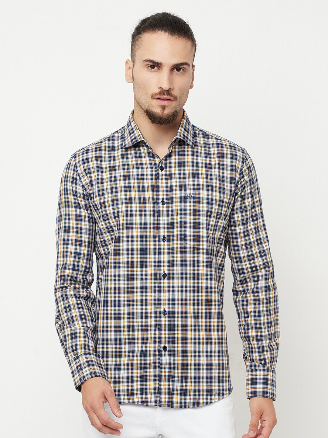 

Crimsoune Club Men Navy Blue & Yellow Slim Fit Checked Cotton Casual Shirt