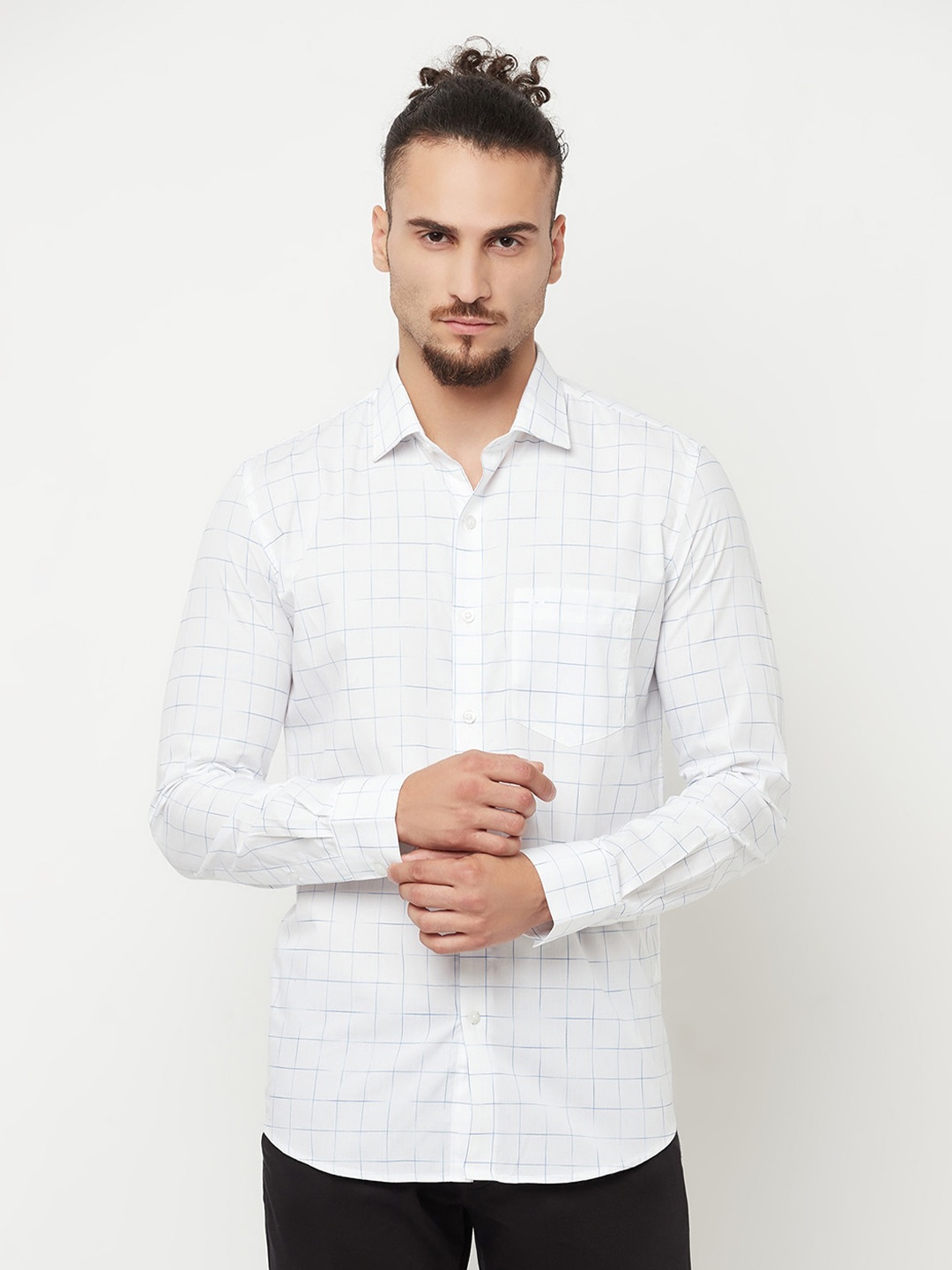 

Crimsoune Club Men White Slim Fit Grid Graph Checked Pure Cotton Casual Shirt