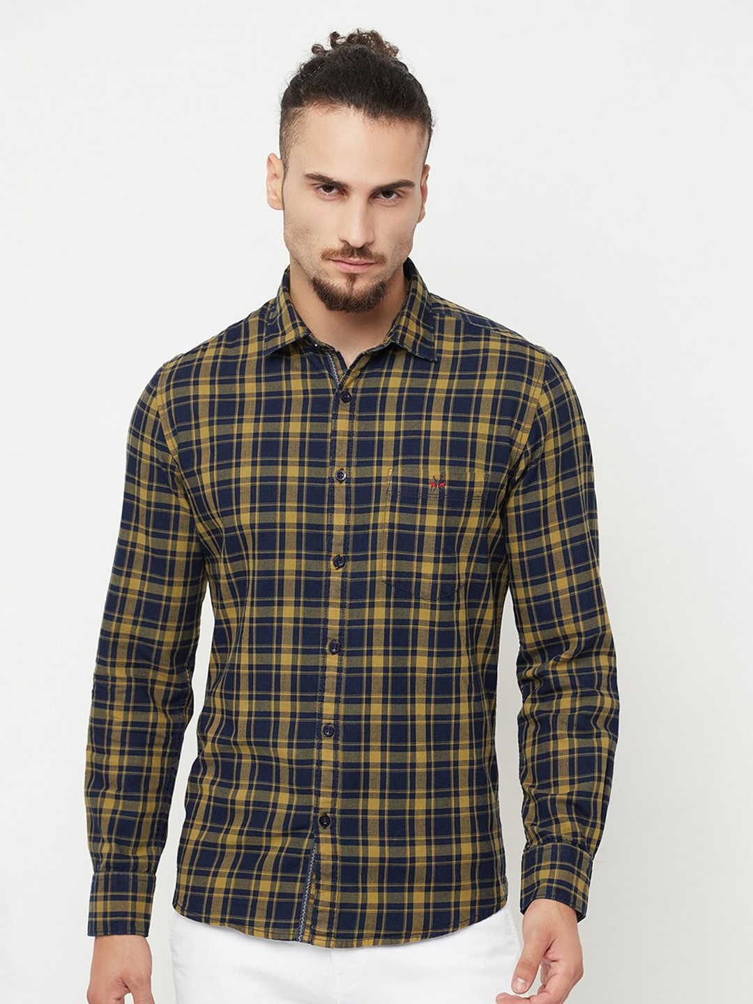 

Crimsoune Club Men Navy Blue & Yellow Slim Fit Tartan Checked Cotton Casual Shirt