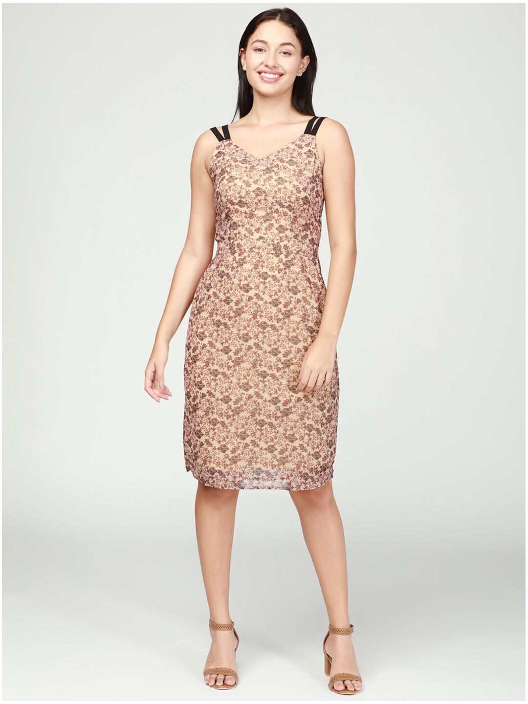 

IDK Beige & Brown Floral Sheath Dress