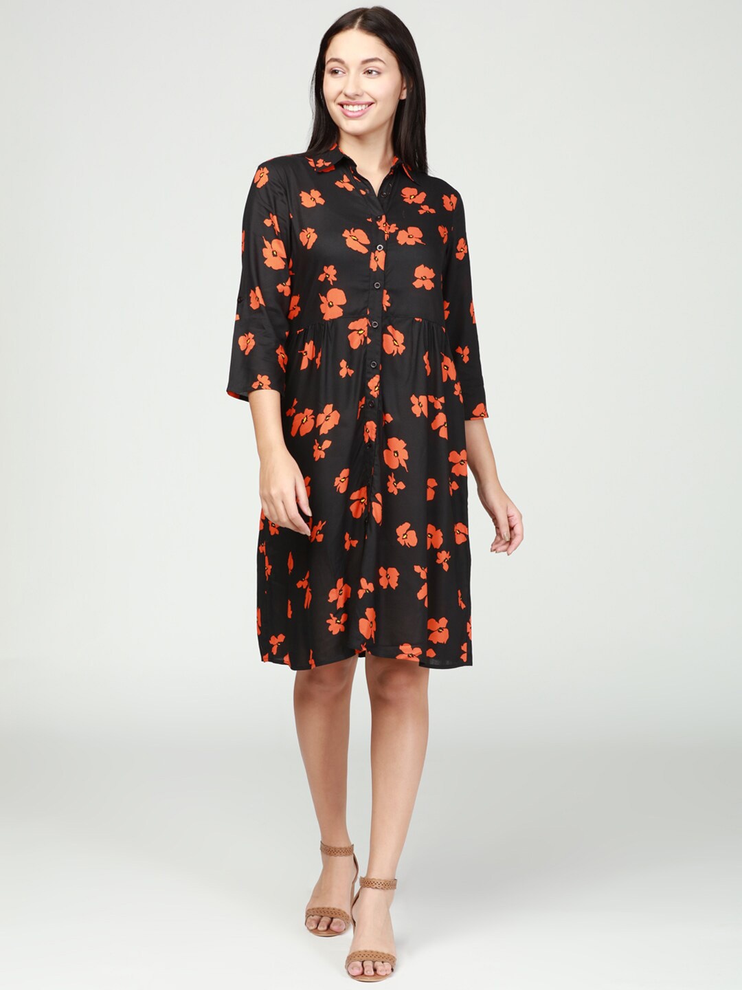 

IDK Women Black Floral Print Shirt Style Midi Dress