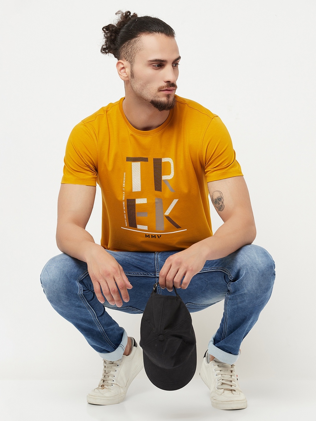 

Crimsoune Club Men Mustard Yellow Typography Printed Slim Fit Cotton T-shirt