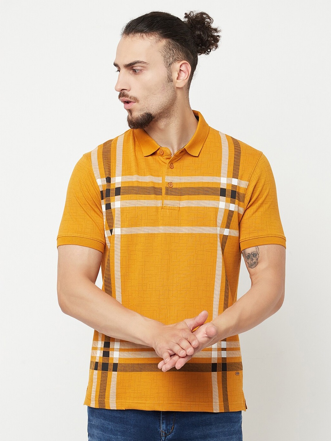 

Crimsoune Club Men Mustard Yellow Checked Polo Collar Slim Fit T-shirt