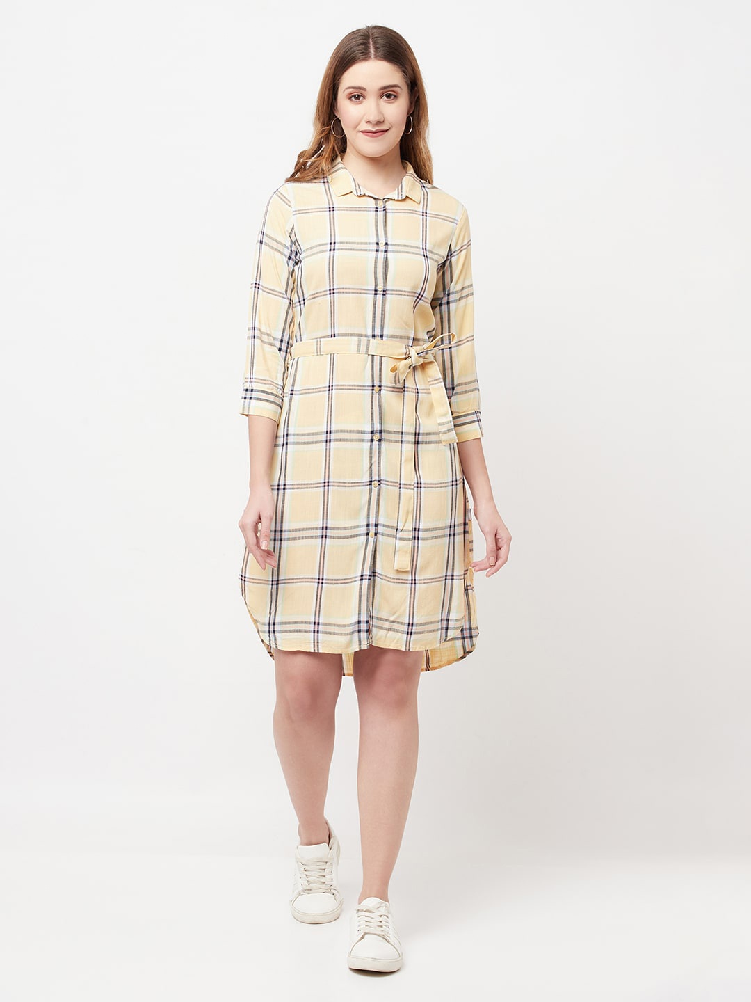 

Crimsoune Club Women Beige Checked Shirt Dress