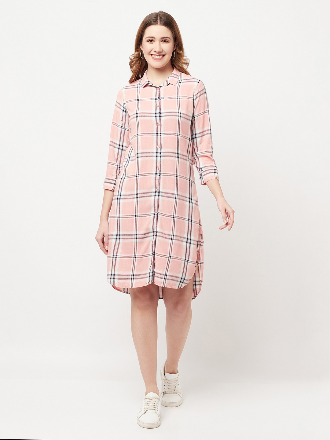 

Crimsoune Club Women Pink Checked Shirt Dress