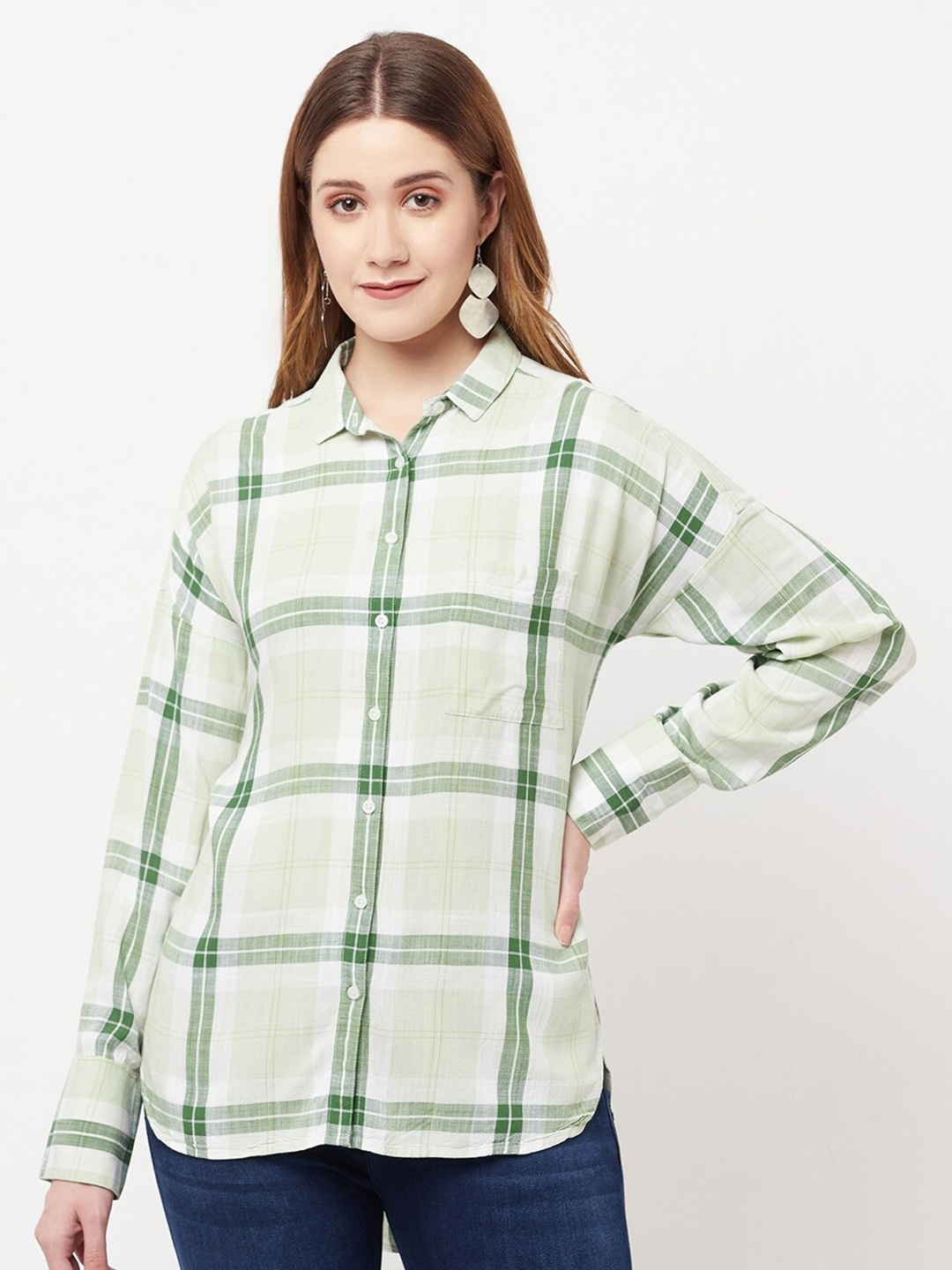 

Crimsoune Club Women Green & White Tartan Checked Casual Shirt