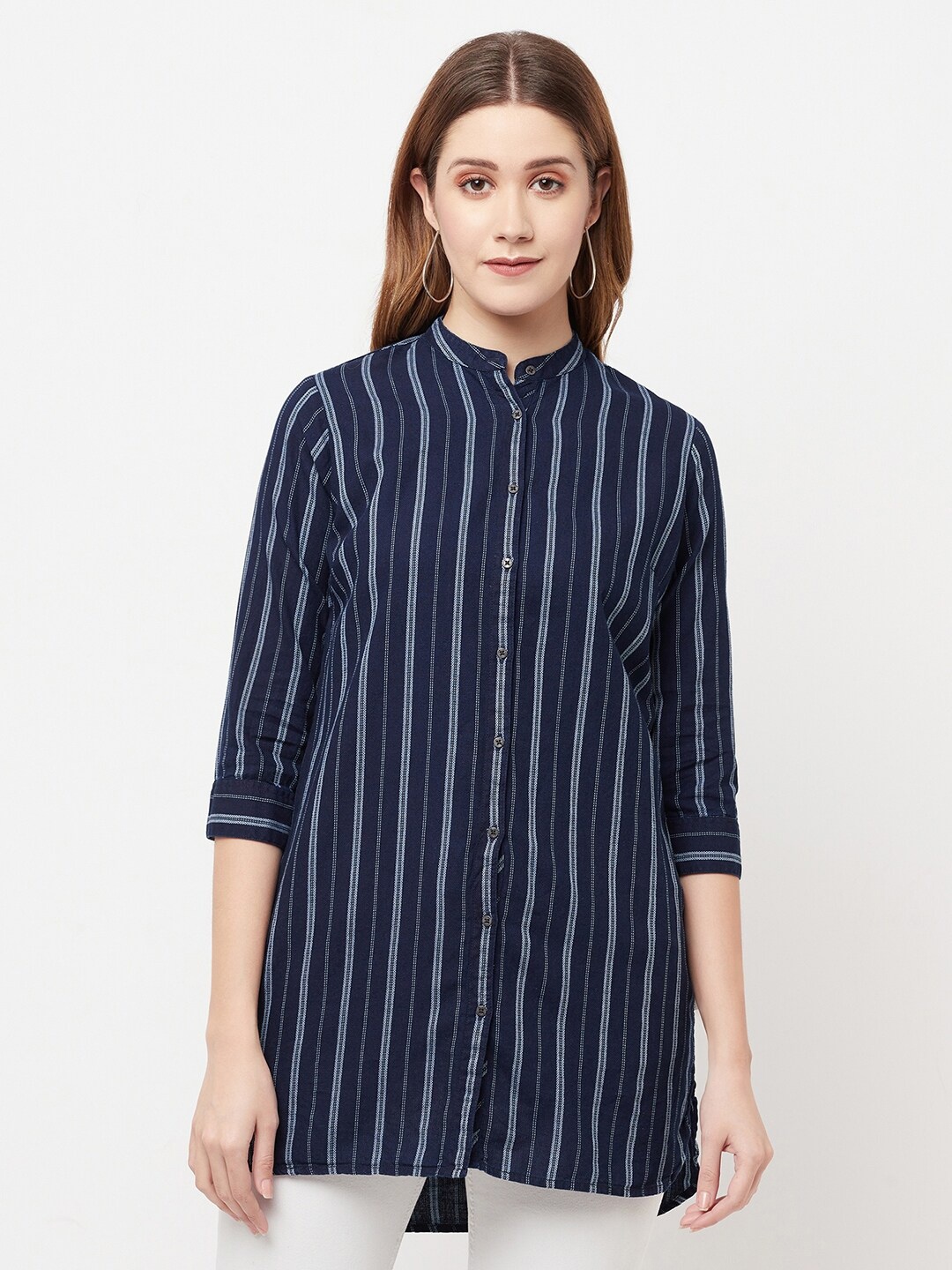 

Crimsoune Club Women Navy Blue Striped Pure Cotton Longline Casual Shirt