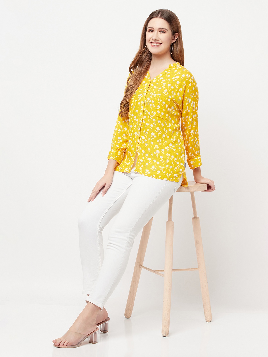 

Crimsoune Club Women Yellow Floral Printed Slim Fit Casual Shirt