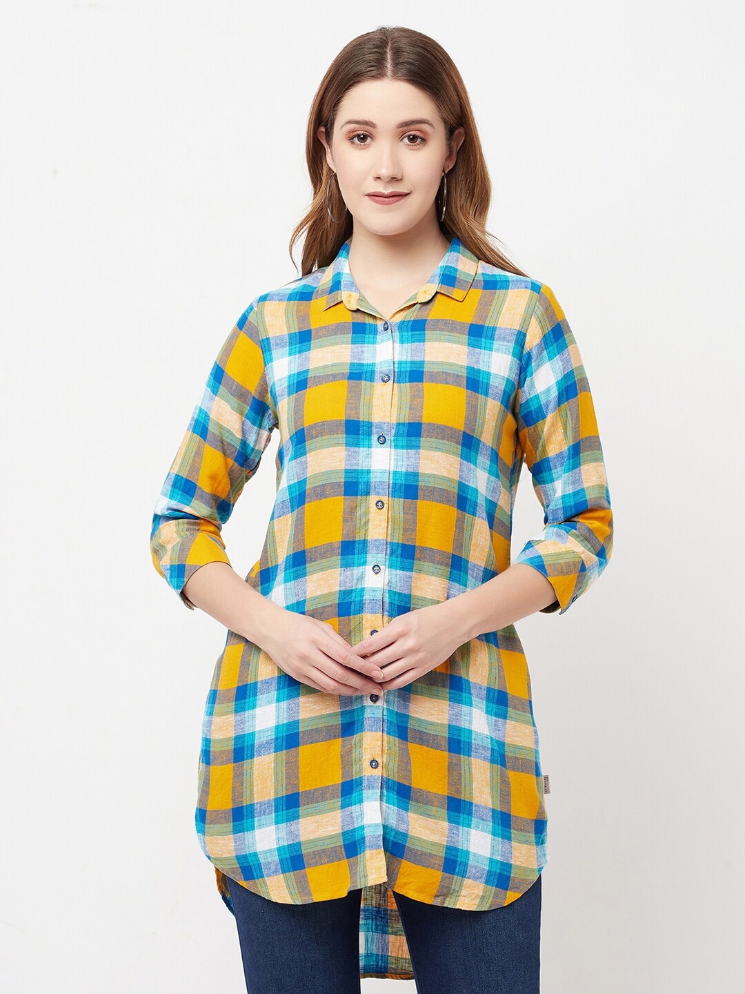 

Crimsoune Club Women Mustard Checked Longline Casual Shirt