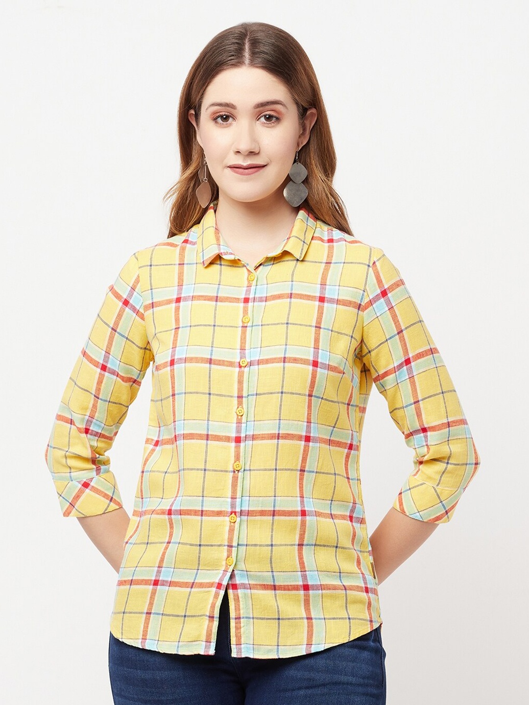 

Crimsoune Club Women Yellow Slim Fit Tartan Checks Checked Casual Shirt