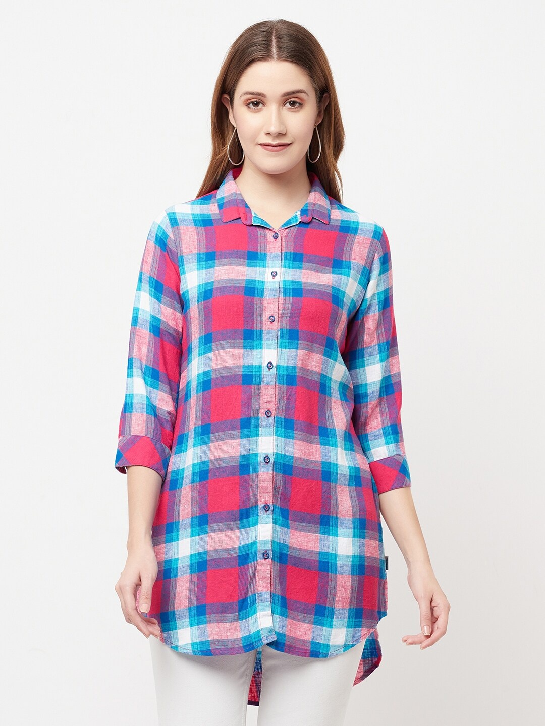 

Crimsoune Club Women Pink Checked Longline Casual Shirt