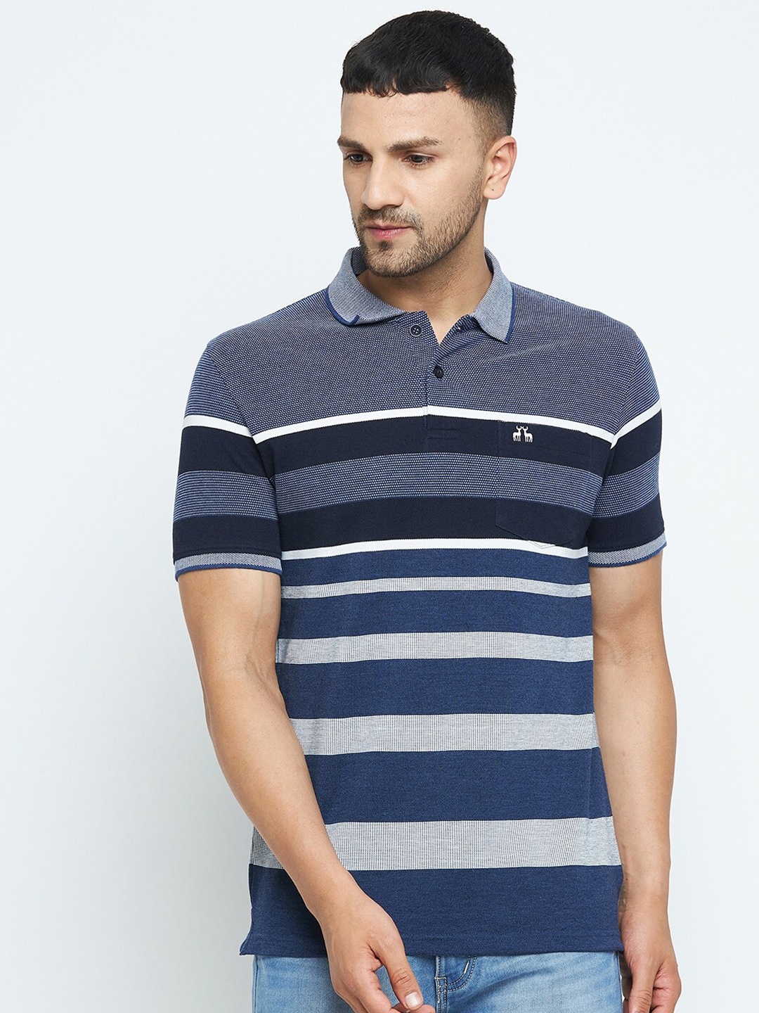 

98 Degree North Men Navy Blue Striped Polo Collar T-shirt