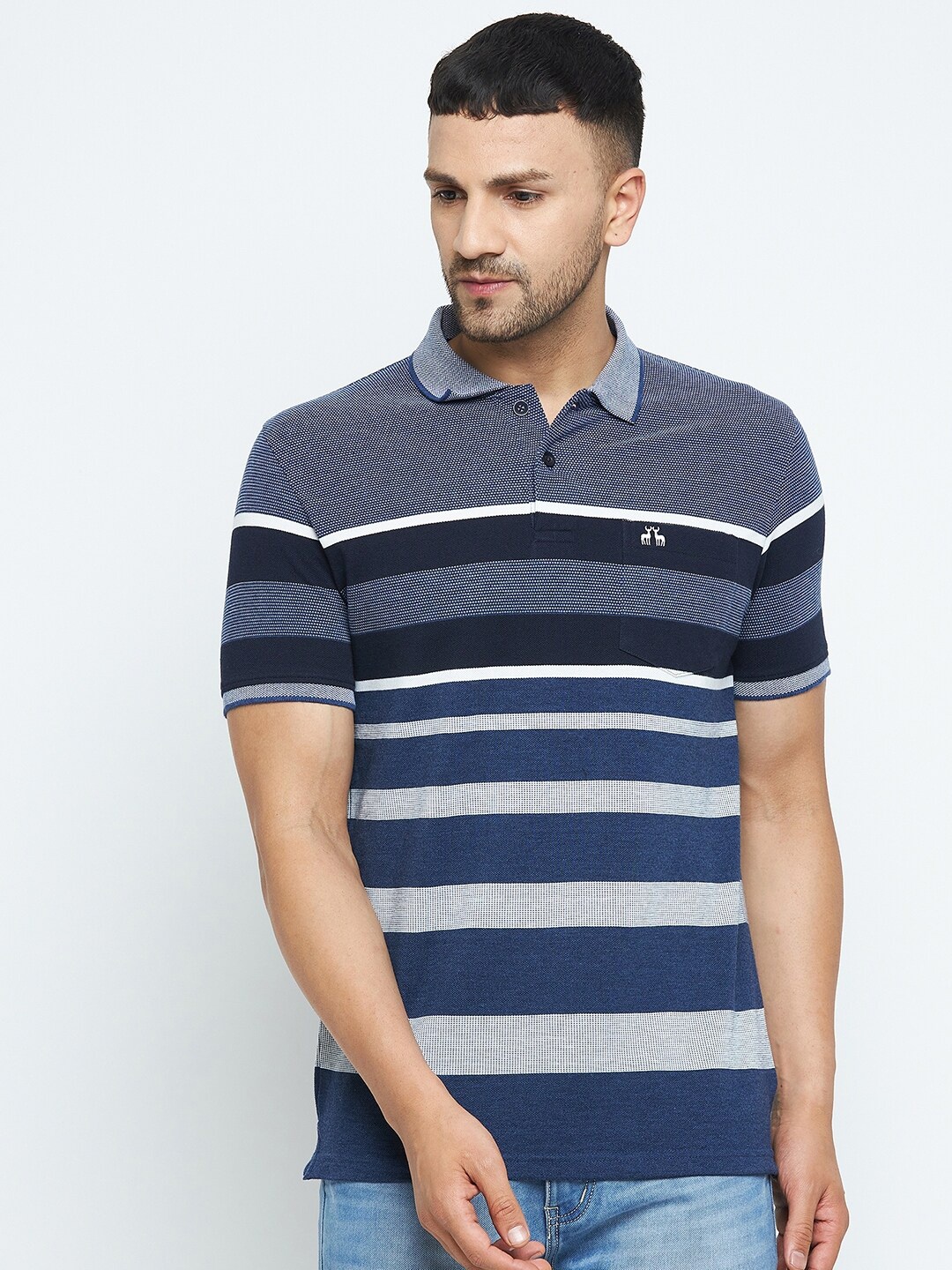 

98 Degree North Men Navy Blue Striped Polo Collar T-shirt