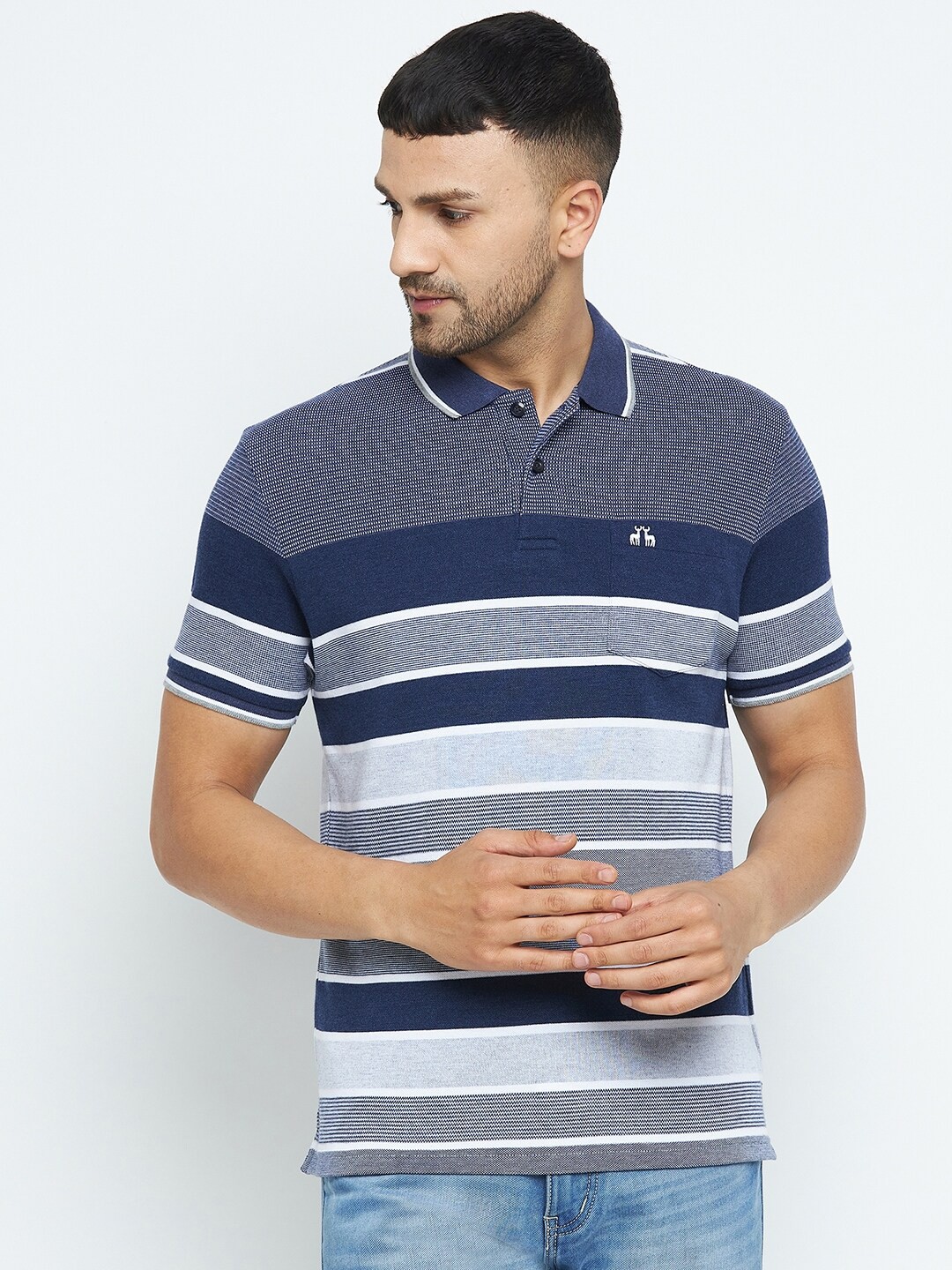 

98 Degree North Men Blue Striped Polo Collar T-shirt